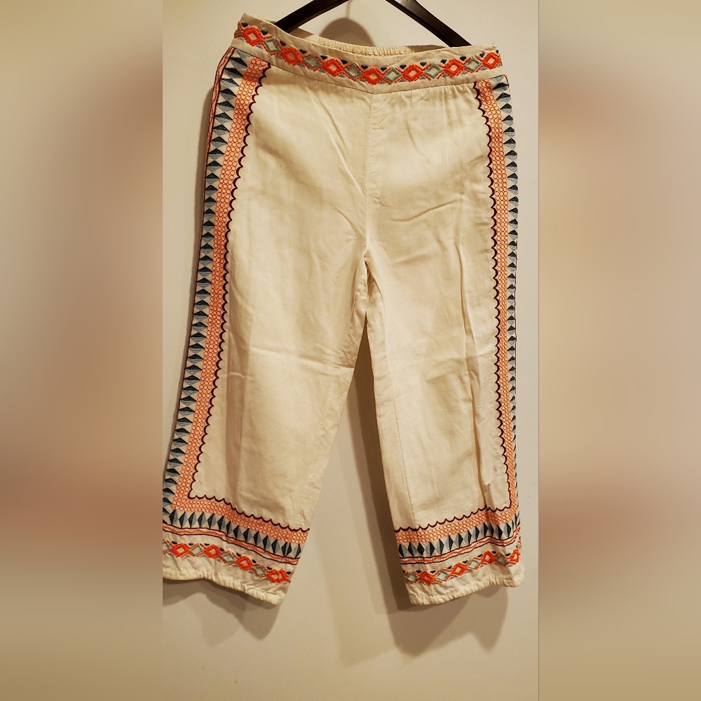ANTHROPOLOGIE WOMEN'S CREAM ISLANDER EMBROIDERY STRAIGHT LEG CROP, SIZE 6. - Picture 5 of 10